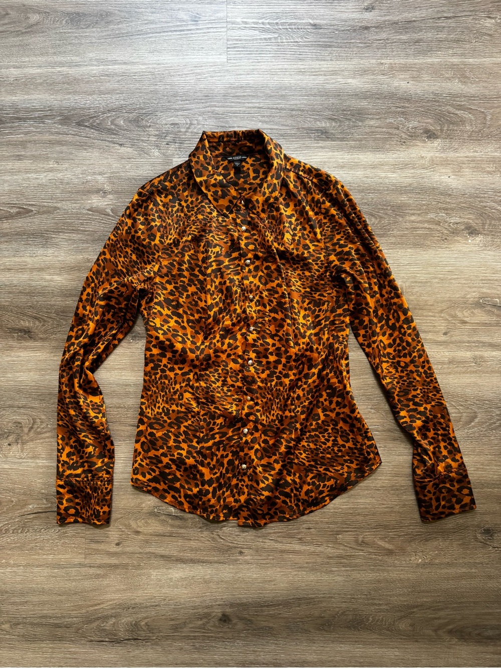 Guess Brown Black Copper Leopard Print Button Down Collared Shirt Fitted Satin S